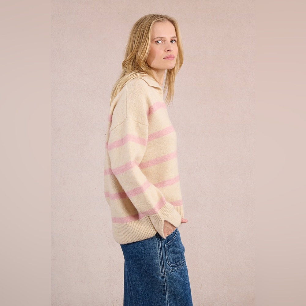 Molly Bracken Knitted V-Neck Sweater in Pink and Cream Sz S NWT - Picture 2 of 5